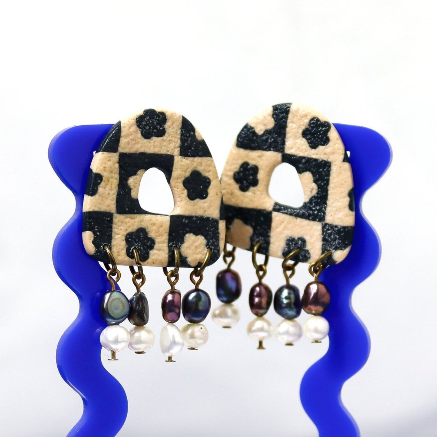 Checked Flower Statement Pearl Dangles