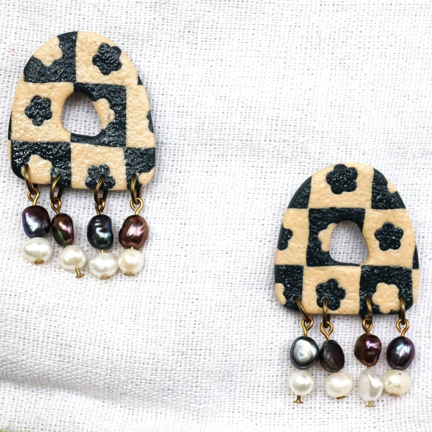 Checked Flower Statement Pearl Dangles