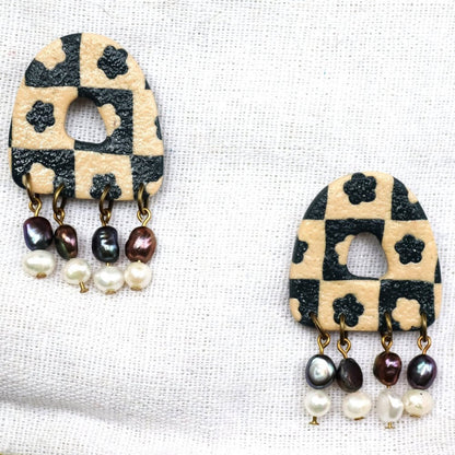 Checked Flower Statement Pearl Dangles