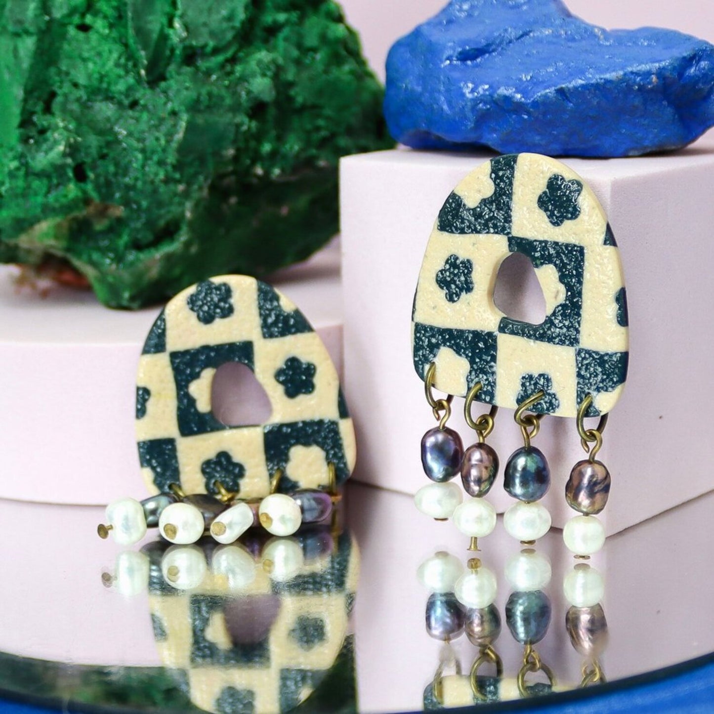 Checked Flower Statement Pearl Dangles