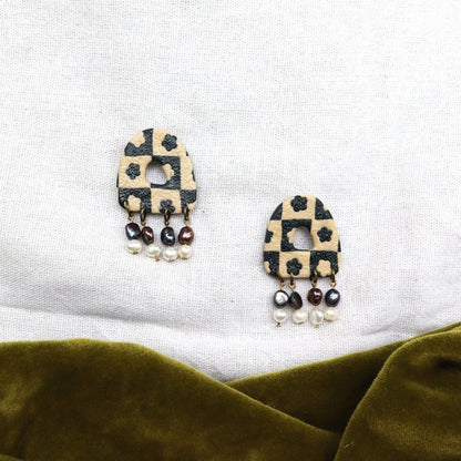 Checked Flower Statement Pearl Dangles
