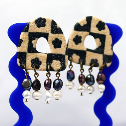 Checked Flower Statement Pearl Dangles