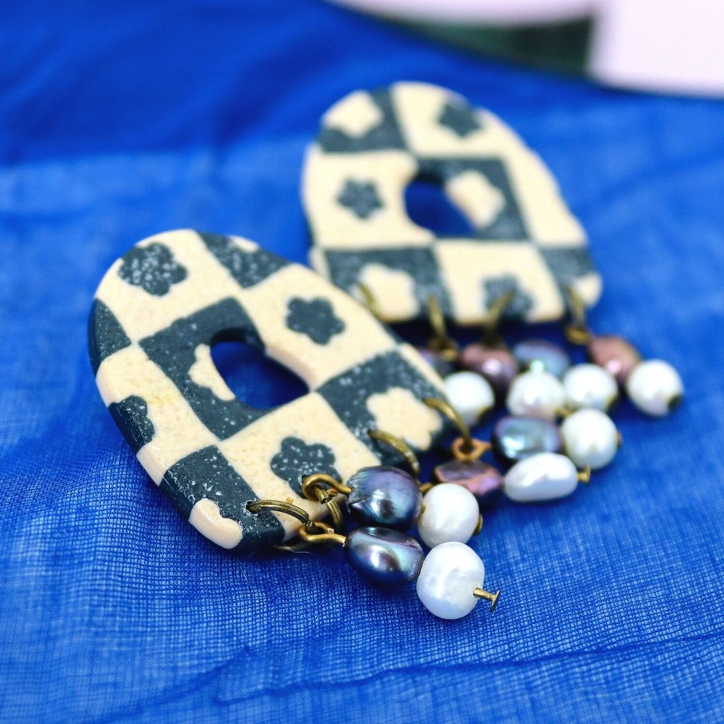 Checked Flower Statement Pearl Dangles