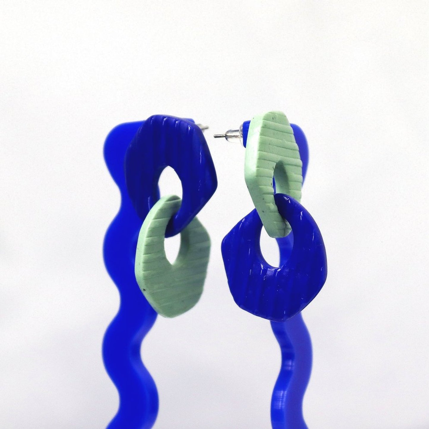Linked Sage Green And Blue Striped Mismatch Earrings