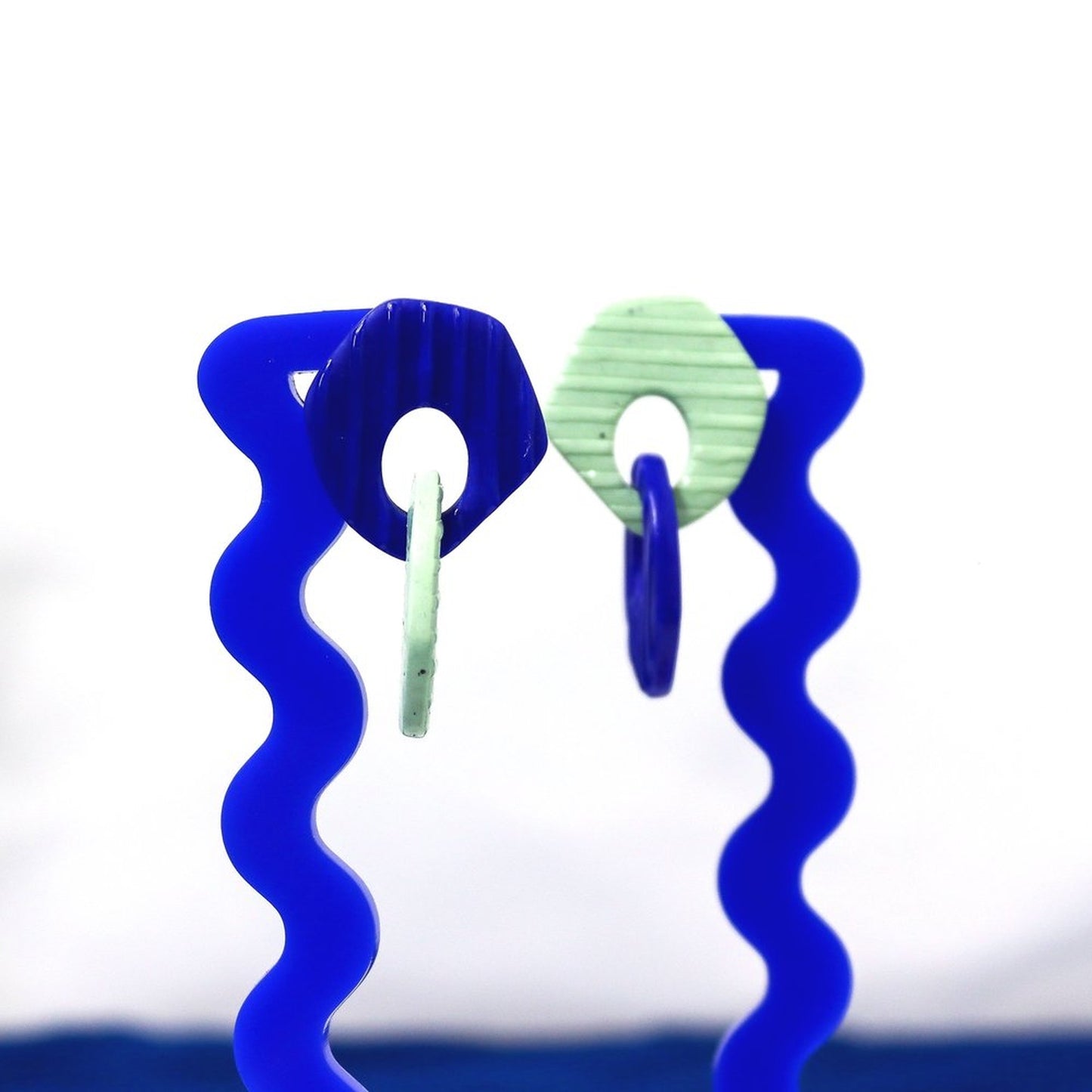 Linked Sage Green And Blue Striped Mismatch Earrings