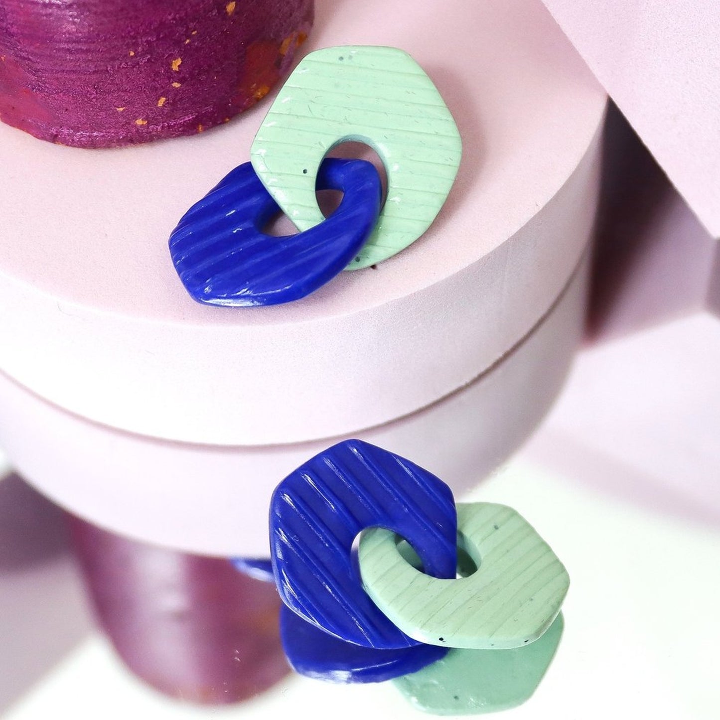 Linked Sage Green And Blue Striped Mismatch Earrings