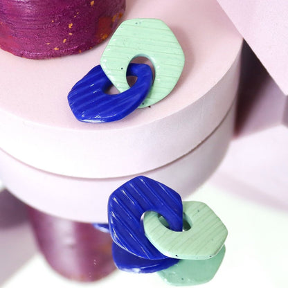 Linked Sage Green And Blue Striped Mismatch Earrings