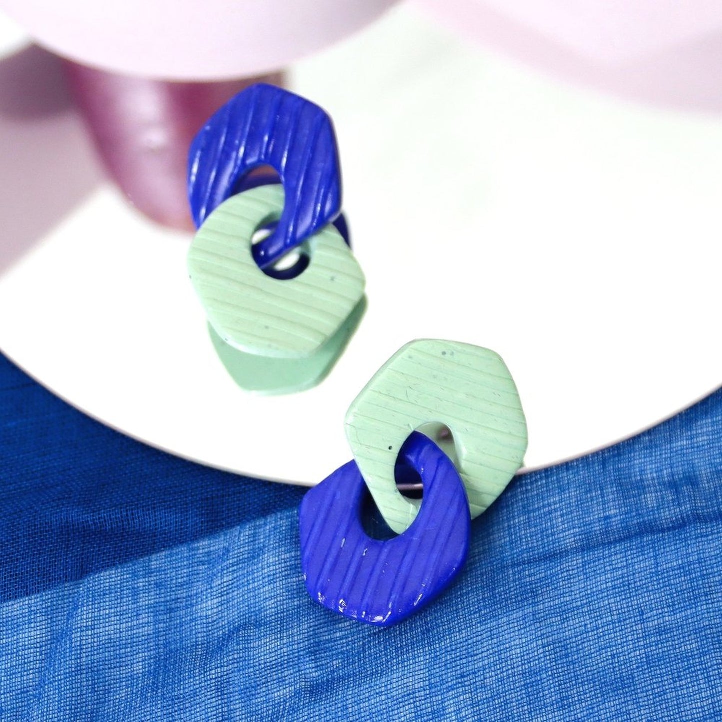 Linked Sage Green And Blue Striped Mismatch Earrings