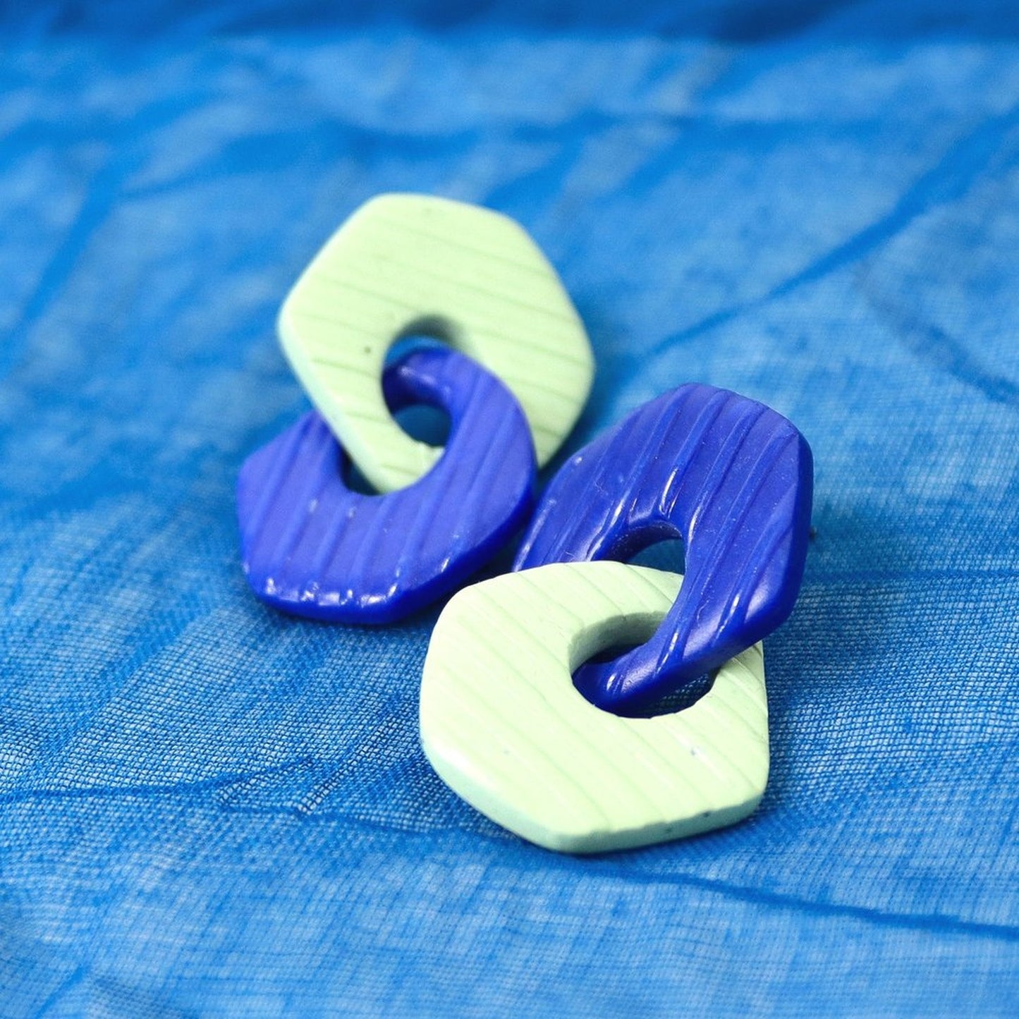 Linked Sage Green And Blue Striped Mismatch Earrings